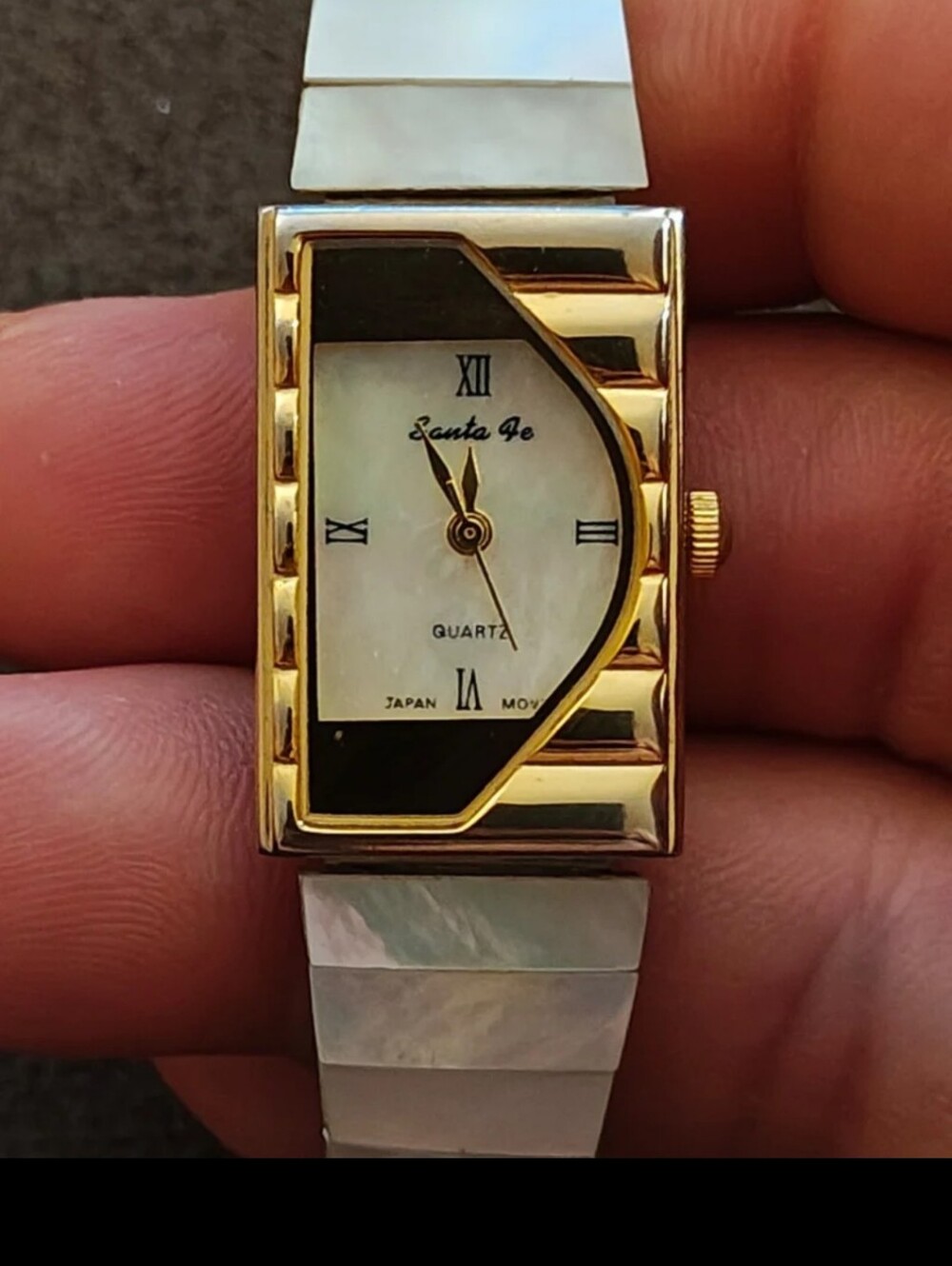 1980s/90s Santa Fe Asymmetric Quartz Women's Watch Mother of Pearl Dial & Band.